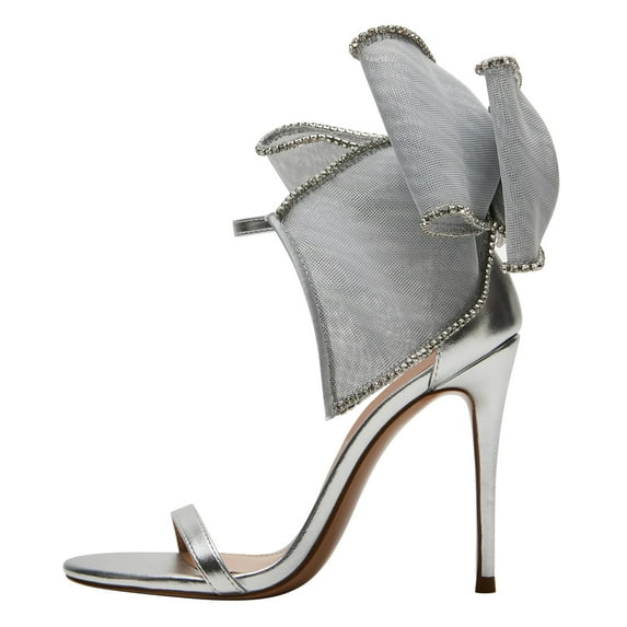 FSJ Women Chic Rhinestone Pearl Mesh Bow Knot Sandals Open Toe One Strap Stiletto Heels Pumps Bridal Wedding Dress Shoes Size 14 Gray