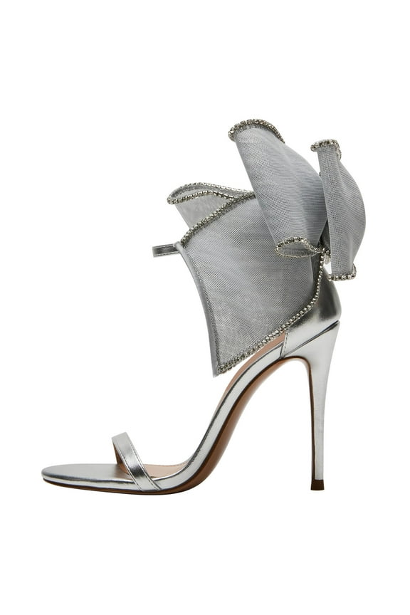 Women Chic Rhinestone Pearl Mesh Bow Knot Sandals Open Toe One Strap Stiletto Heels Pumps Bridal Wedding Dress Shoes Size 5 Gray