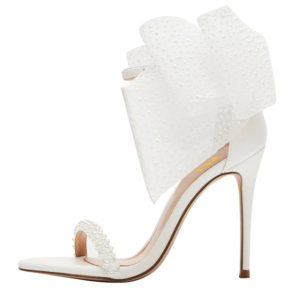 FSJ Women Chic Rhinestone Pearl Mesh Bow Knot Sandals Open Toe One Strap Stiletto Heels Pumps Bridal Wedding Dress Shoes Size 8 White