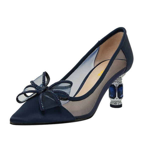 FSJ Women Chic Rhinestones Mesh Bow Pointed Closed Toe Pumps Crystal Chunky Mid Heel Slip On Bridal Wedding Dress Shoes Size 15 Navy