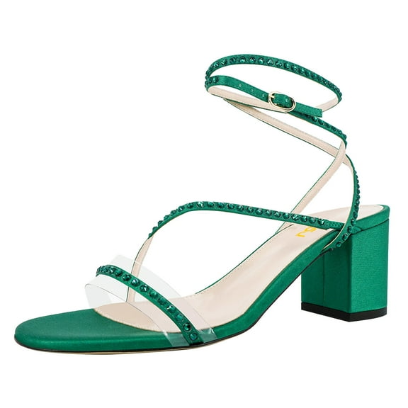 FSJ Women Chic Round Open Toe Strappy Sandals Chunky Block Heel Cross Strap Studded Rhinestones Pumps Party Date Work Shoes Size 12 Green