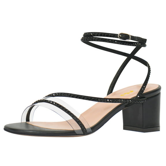 FSJ Women Chic Round Open Toe Strappy Sandals Chunky Block Heel Cross Strap Studded Rhinestones Pumps Party Date Work Shoes Size 7.5 Black