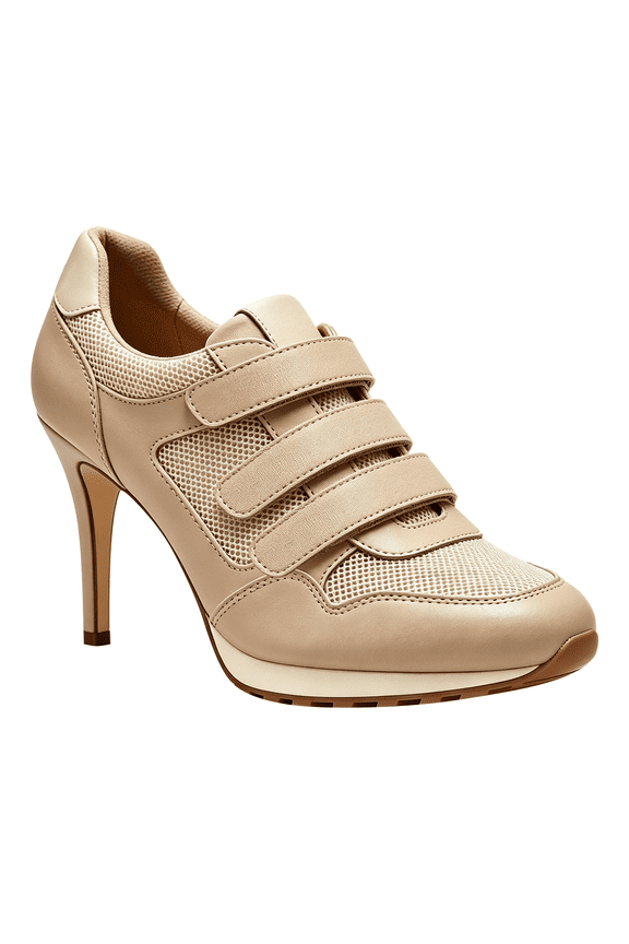 Women Chic Round Toe Sneaker Heels Mesh Leather Strap Stiletto Pumps Size 13 Nude