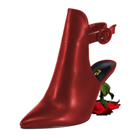 FSJ Women Chic Sculpted Rose High Heels Pointed Closed Toe Ankle Buckle Strap Fashion Sandals Mules Evening Wear Shoes Size 6.5 Red