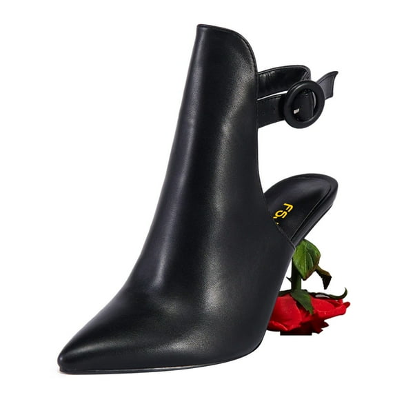 FSJ Women Chic Sculpted Rose High Heels Pointed Closed Toe Ankle Buckle Strap Fashion Sandals Mules Evening Wear Shoes Size 6 Black