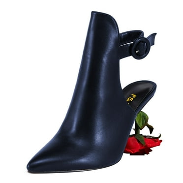 FSJ Women Chic Sculpted Rose High Heels Pointed Closed Toe Ankle Buckle Strap Fashion Sandals Mules Evening Wear Shoes Size 8 Navy