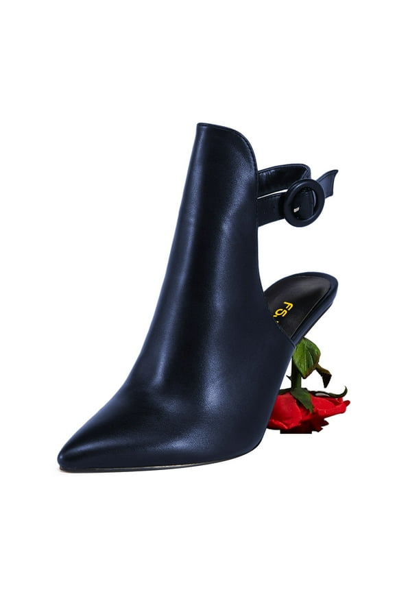 Women Chic Sculpted Rose High Heels Pointed Closed Toe Ankle Buckle Strap Fashion Sandals Mules Evening Wear Shoes Size 9 Navy