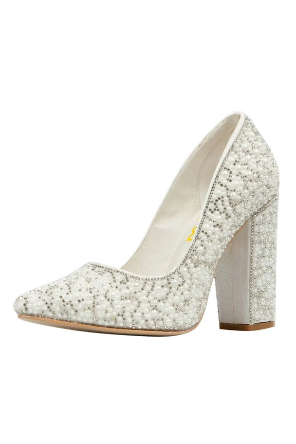 Women Chic Sparkly Rhinestone Studded Pointed Closed Toe Pumps Chunky Block High Heel Slip On Wedding Party Formal Shoes Size 10 White