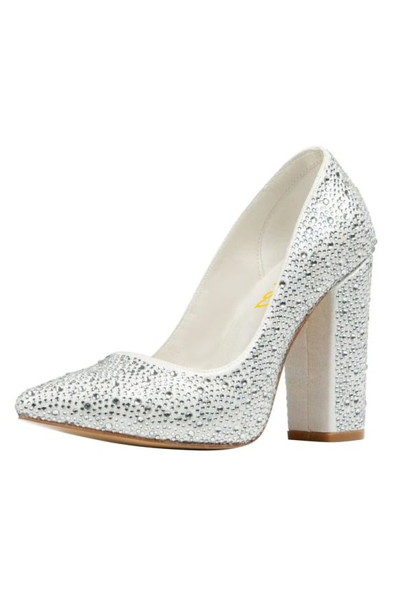 Women Chic Sparkly Rhinestone Studded Pointed Closed Toe Pumps Chunky Block High Heel Slip On Wedding Party Formal Shoes Size 4 Crystals