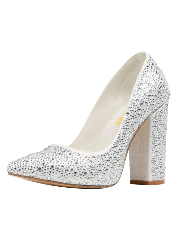 Women Chic Sparkly Rhinestone Studded Pointed Closed Toe Pumps Chunky Block High Heel Slip On Wedding Party Formal Shoes Size 4 Crystals