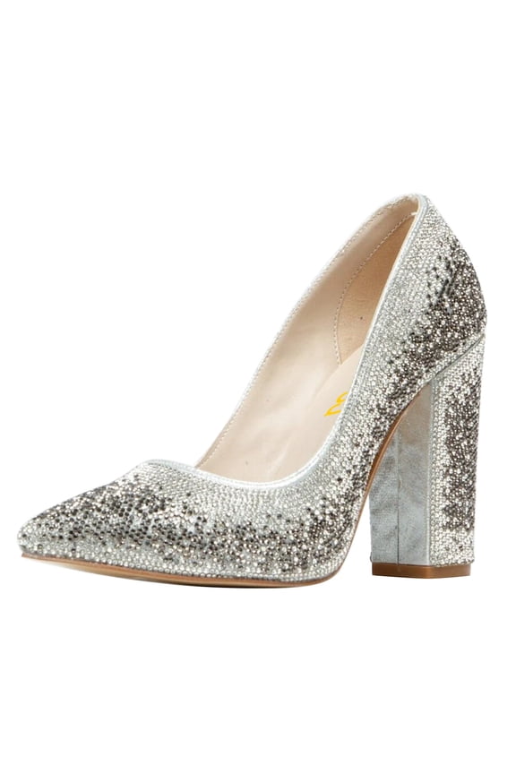 Women Chic Sparkly Rhinestone Studded Pointed Closed Toe Pumps Chunky Block High Heel Slip On Wedding Party Formal Shoes Size 5.5 Silver