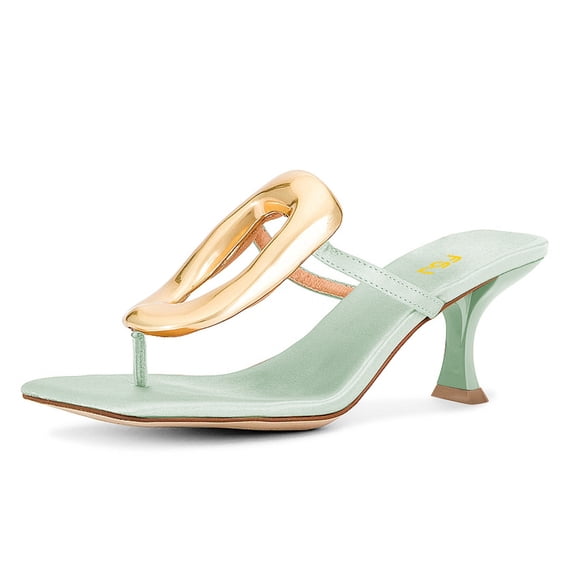 FSJ Women Chic Square Open Toe Flip Flops Slip On Gold Detail Kitten Low Heel Thong Sandals Casual Summer Beach Party Shoes Size 5.5 Pale Turquoise