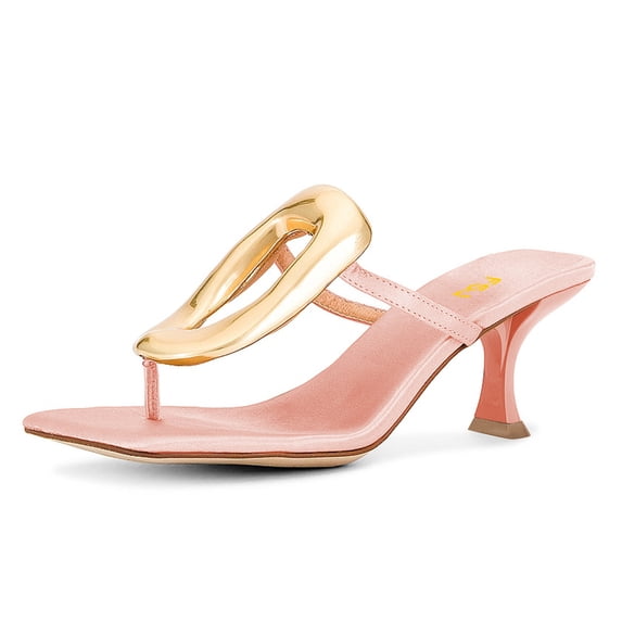 FSJ Women Chic Square Open Toe Flip Flops Slip On Gold Detail Kitten Low Heel Thong Sandals Casual Summer Beach Party Shoes Size 5 Pink