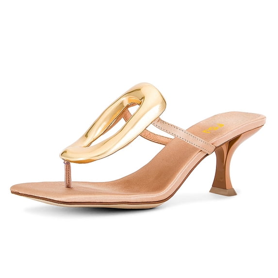 FSJ Women Chic Square Open Toe Flip Flops Slip On Gold Detail Kitten Low Heel Thong Sandals Casual Summer Beach Party Shoes Size 6 Champagne