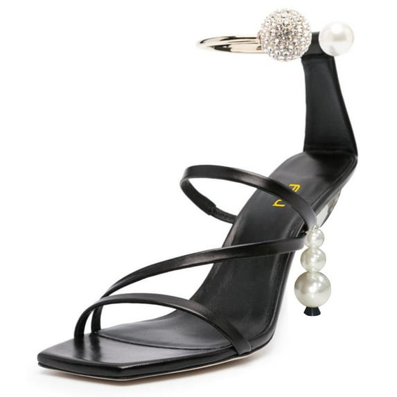 FSJ Women Chic Square Open Toe Strappy Sandals Pearl Bead High Heel Metal Ring Rhinestone Ankle Strap Pumps Wedding Dressy Shoes Size 12 Black