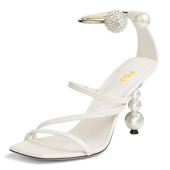 FSJ Women Chic Square Open Toe Strappy Sandals Pearl Bead High Heel Metal Ring Rhinestone Ankle Strap Pumps Wedding Dressy Shoes Size 15 White
