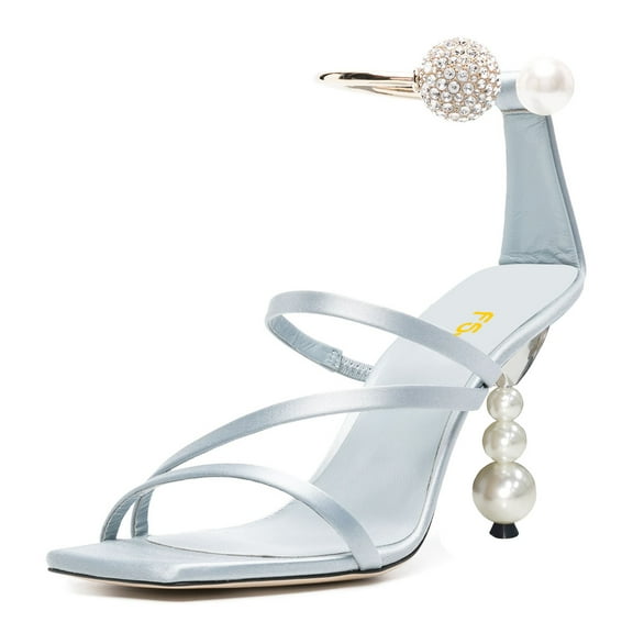 FSJ Women Chic Square Open Toe Strappy Sandals Pearl Bead High Heel Metal Ring Rhinestone Ankle Strap Pumps Wedding Dressy Shoes Size 5 Baby Blue