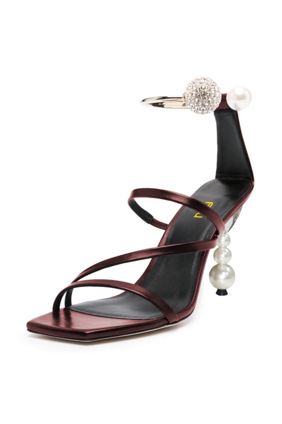 Women Chic Square Open Toe Strappy Sandals Pearl Bead High Heel Metal Ring Rhinestone Ankle Strap Pumps Wedding Dressy Shoes Size 5 Maroon