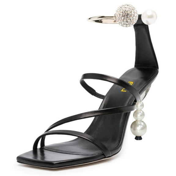 FSJ Women Chic Square Open Toe Strappy Sandals Pearl Bead High Heel Metal Ring Rhinestone Ankle Strap Pumps Wedding Dressy Shoes Size 7.5 Black