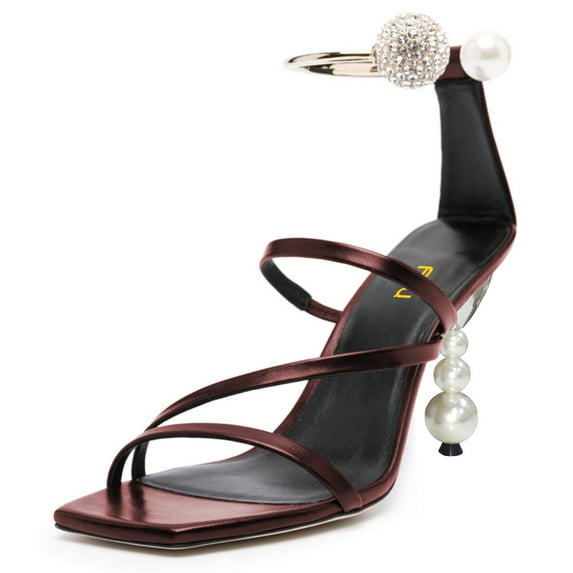 FSJ Women Chic Square Open Toe Strappy Sandals Pearl Bead High Heel Metal Ring Rhinestone Ankle Strap Pumps Wedding Dressy Shoes Size 7 Maroon