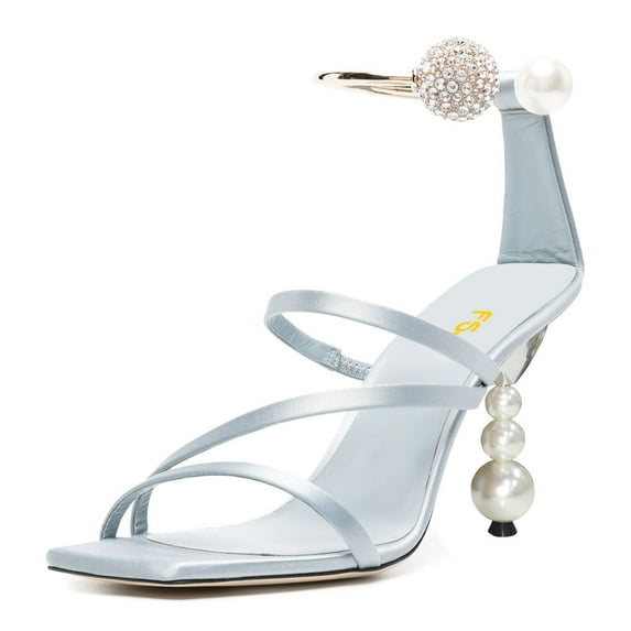 FSJ Women Chic Square Open Toe Strappy Sandals Pearl Bead High Heel Metal Ring Rhinestone Ankle Strap Pumps Wedding Dressy Shoes Size 8 Baby Blue