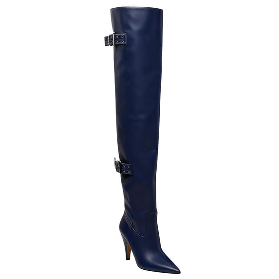 FSJ Women Chic Thigh High Boots Double Buckle Pointed Toe Side Half Zipeer Kitten Heel Over The Knee Boots Size 11 Navy Leather