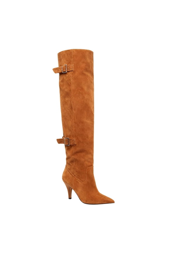 Women Chic Thigh High Boots Double Buckle Pointed Toe Side Half Zipeer Kitten Heel Over The Knee Boots Size 8 Brown Orange Suede
