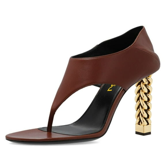 FSJ Women Chic V Cut Slip On Open Toe T-Strap Flip Flops Gold Chain High Heels Thong Sandals Casual Dressy Party Shoes Size 12 Brown