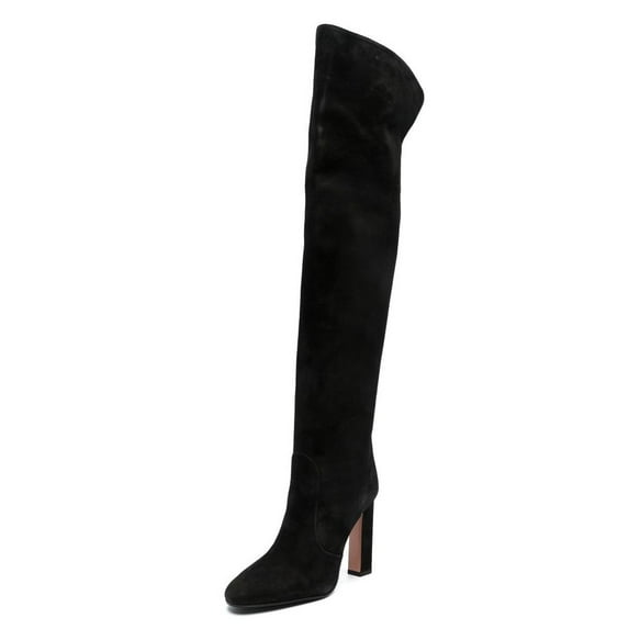 FSJ Women Chunky High Heel Thigh High Boots Round Closed Toe Stretch Over The Knee Long Boot Side Zip Walking Comfort Shoes Size 11 Black