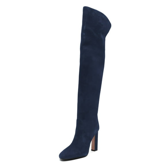 FSJ Women Chunky High Heel Thigh High Boots Round Closed Toe Stretch Over The Knee Long Boot Side Zip Walking Comfort Shoes Size 4 Navy