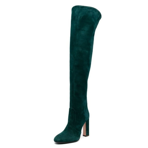 FSJ Women Chunky High Heel Thigh High Boots Round Closed Toe Stretch Over The Knee Long Boot Side Zip Walking Comfort Shoes Size 8 Green