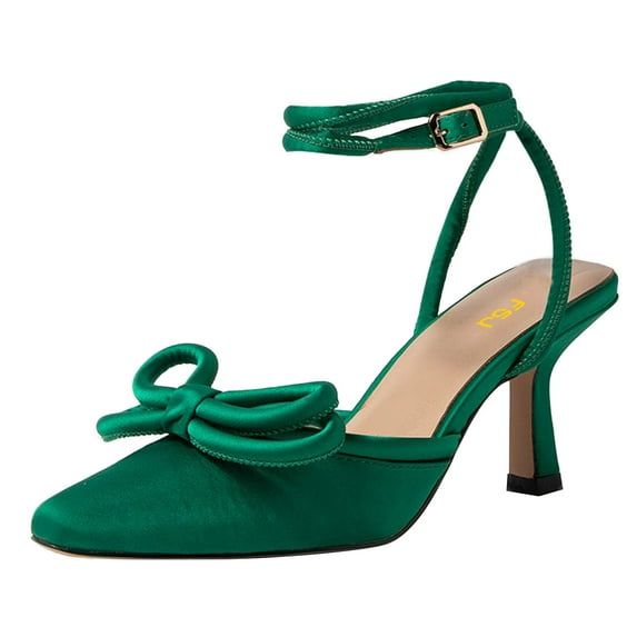 FSJ Women Classic Bowknot Pointy Close Toe Double Kitten Low Heel Pumps Adjustable Buckle Strap Lace Up Sandals Date Dress Shoes Size 8 Green