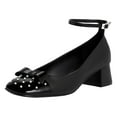 thumbnail image 1 of FSJ Women Classic Bowknot Square Closed Toe Block Heel Pumps Cap Toe Ankle Strap Low Chunky Heel Office Casual Party Shoes Size 13 Black Pearl, 1 of 4