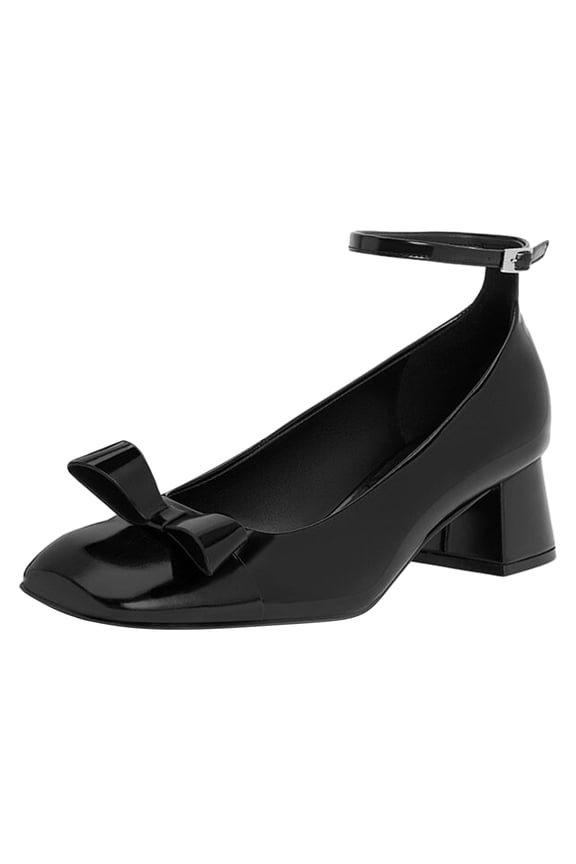 Women Classic Bowknot Square Closed Toe Block Heel Pumps Cap Toe Ankle Strap Low Chunky Heel Office Casual Party Shoes Size 16 Black
