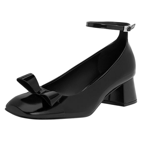 FSJ Women Classic Bowknot Square Closed Toe Block Heel Pumps Cap Toe Ankle Strap Low Chunky Heel Office Casual Party Shoes Size 4 Black