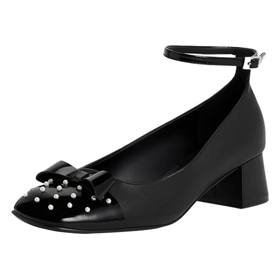 FSJ Women Classic Bowknot Square Closed Toe Block Heel Pumps Cap Toe Ankle Strap Low Chunky Heel Office Casual Party Shoes Size 8 Black Pearl