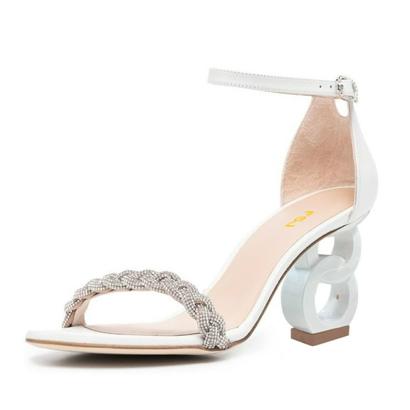 FSJ Women Classic Chunky High Heel Sandals Open Toe Ankle Strap Single Band Dress Shoes Size 7.5 White