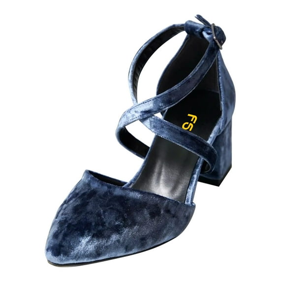 FSJ Women Classic Chunky High Heels Pointy Closed Toe Pumps D'Orsay Crossed Ankle Strap Sandals Casual Wedding Dressy Shoes Size 9.5 Blue