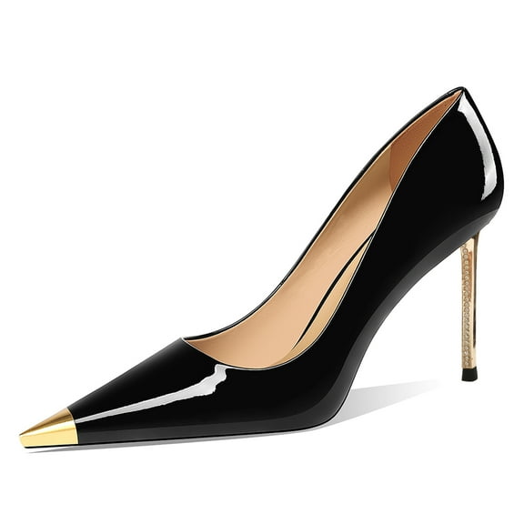 FSJ Women Classic Closed Cap Toe Pumps Slip on Stiletto High Studded Heels Metal Sexy Dress Wedding Daily Wear Shoes Size 11 Black