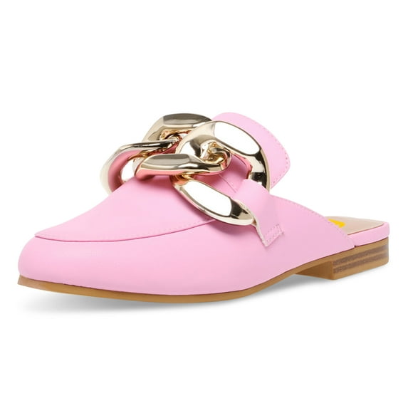 FSJ Women Classic Closed Round Toe Mules Chains Low Heeled Loafer Slides Comfortable Slip on Casual Walking Flats Size 10.5 Rose Pink
