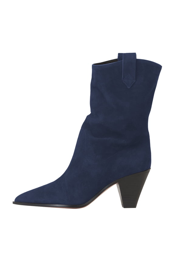 Women Classic Cowboy Pointed Toe Ankle Boots Cone Heel Pull On Short Booties Casual Office Work Dress Shoes Size 4 Navy