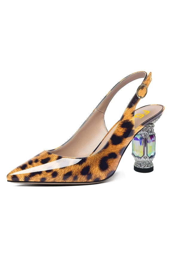 Women Classic Crystal Block Chunky Mid Heel Slingback Pumps Closed Pointed Toe Backless Sleek Fashion Office Wedding Dress Shoes Size 10.5 Leopard Print