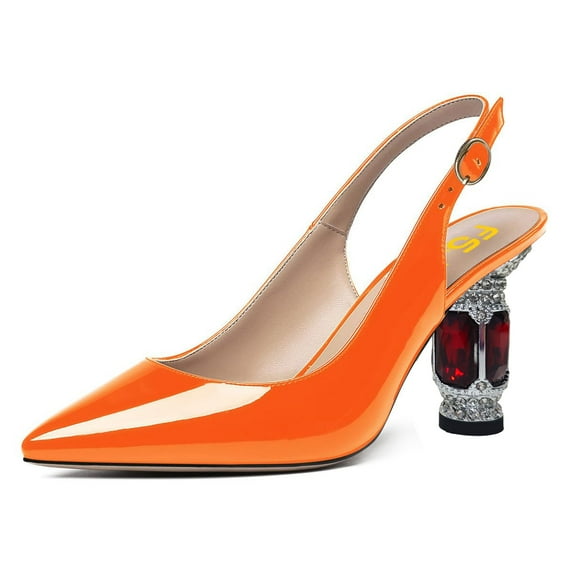 FSJ Women Classic Crystal Block Chunky Mid Heel Slingback Pumps Closed Pointed Toe Backless Sleek Fashion Office Wedding Dress Shoes Size 10 Orange