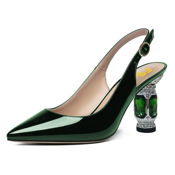 FSJ Women Classic Crystal Block Chunky Mid Heel Slingback Pumps Closed Pointed Toe Backless Sleek Fashion Office Wedding Dress Shoes Size 7.5 Green