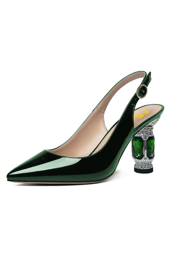 Women Classic Crystal Block Chunky Mid Heel Slingback Pumps Closed Pointed Toe Backless Sleek Fashion Office Wedding Dress Shoes Size 7.5 Green