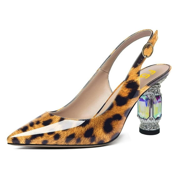 FSJ Women Classic Crystal Block Chunky Mid Heel Slingback Pumps Closed Pointed Toe Backless Sleek Fashion Office Wedding Dress Shoes Size 8 Leopard Print