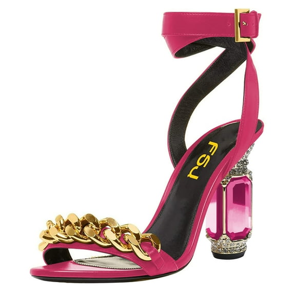 FSJ Women Classic Crystal Chunky High Heel Chain Sandals Open Toe Ankle Strap Single Band Dress Shoes Size 12 Pink