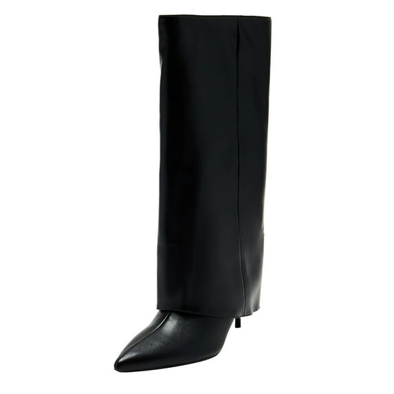 FSJ Women Classic Fold Over Knee High Boots Stiletto High Heel Pointed Closed Toe Long Boots Wide Calf Sexy Party Dress Shoes Size 5 Black