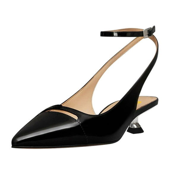 FSJ Women Classic Kitten Low Heel Ankle Buckle Strap Pumps Pointy Close Toe Sandals Elegant Working Office Party Dress Shoes Size 16 Black