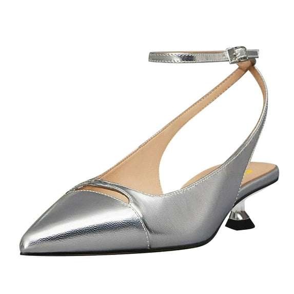 FSJ Women Classic Kitten Low Heel Ankle Buckle Strap Pumps Pointy Close Toe Sandals Elegant Working Office Party Dress Shoes Size 8.5 Silver